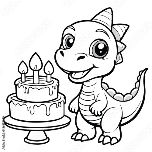 Cute Baby Dinosaur Birthday Cake  Coloring Page