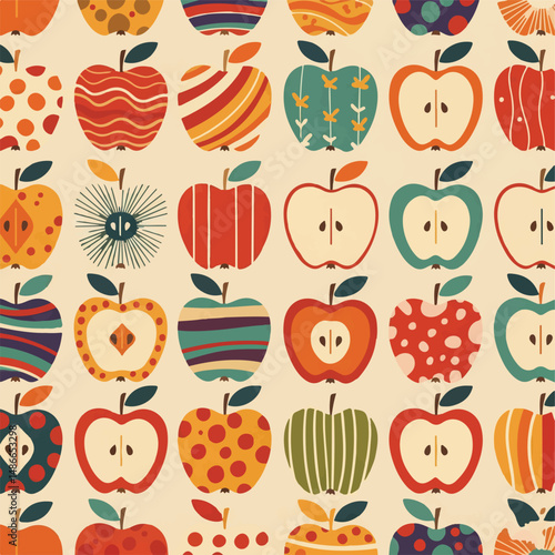 Retro-styled seamless pattern of apples. Each apple has unique, colorful, and patterned designs. A bright & cheerful food theme.