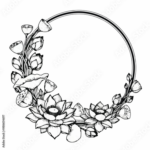 Black and white line art of lotus flowers and seed pods arranged around a circle frame. Elegant and botanical.