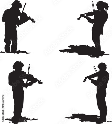 Silhouette Musicians Playing Violin, Black and White Art