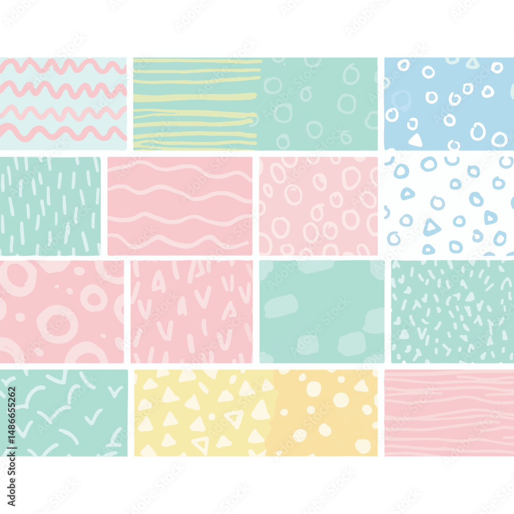 A collage of 16 square tiles. Each tile has a unique pastel-colored pattern with hand-drawn elements: lines, circles, triangles, and waves. Playful and abstract. A collage of 16 square tiles. Each tile has a unique pastel-colored pattern with hand-drawn elements: lines, circles, triangles, and waves. Playful and abstract.