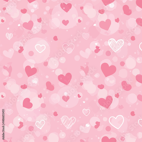 Pink background featuring various heart designs and bokeh lights effect, creating a romantic and festive Valentines Day themed pattern.