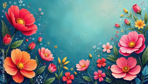 Vibrant floral illustration, colorful blooms, whimsical style , artwork, plant