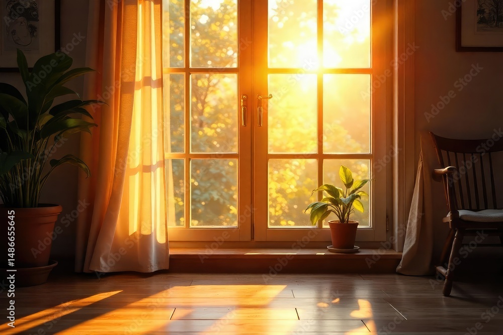 Fototapeta premium Warm sunlight streams through a bright windowpane, illuminating dust motes dancing in the golden rays A cozy and inviting scene perfect for home decor or lifestyle imagery , day, house, peaceful