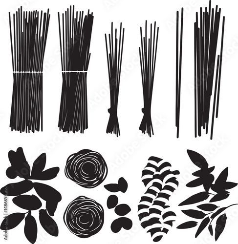 Black and White Food Illustration: Pasta Bundles and Leafy Greens