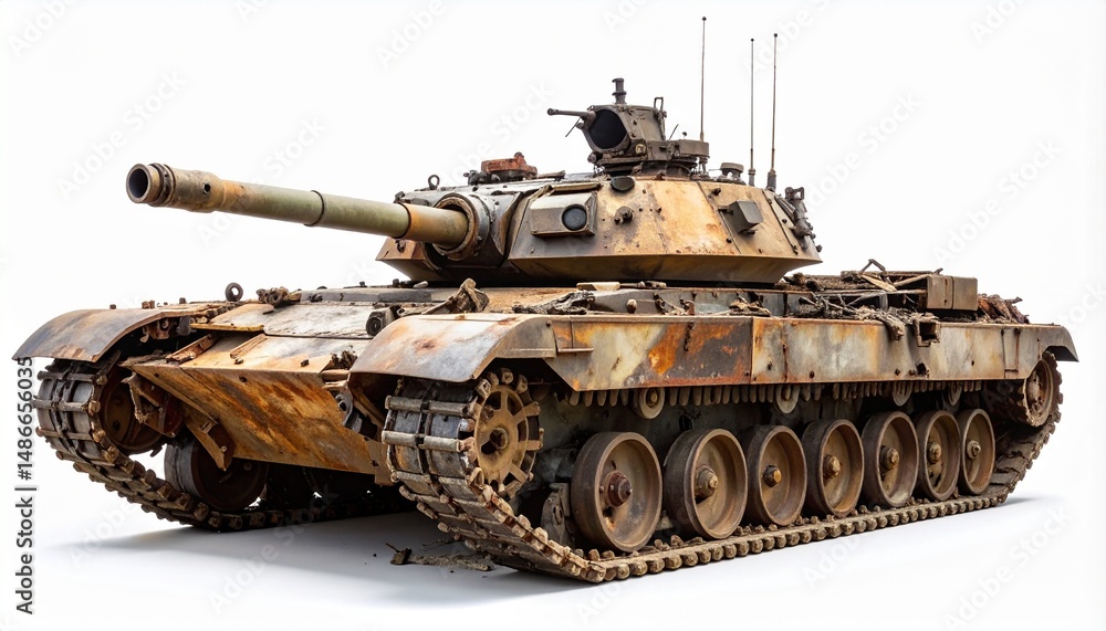Destroyed Rusty Military Tank Chassis – Isolated on White for Dystopian Mockups Destroyed Rusty Military Tank Chassis – Isolated on White for Dystopian Mockups