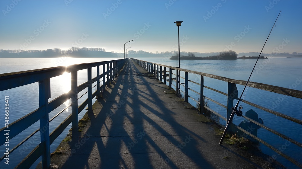 Fototapeta premium Capture Serene Morning On A Fishing Jetty With Rod In Hand Over Calm Water Reflections