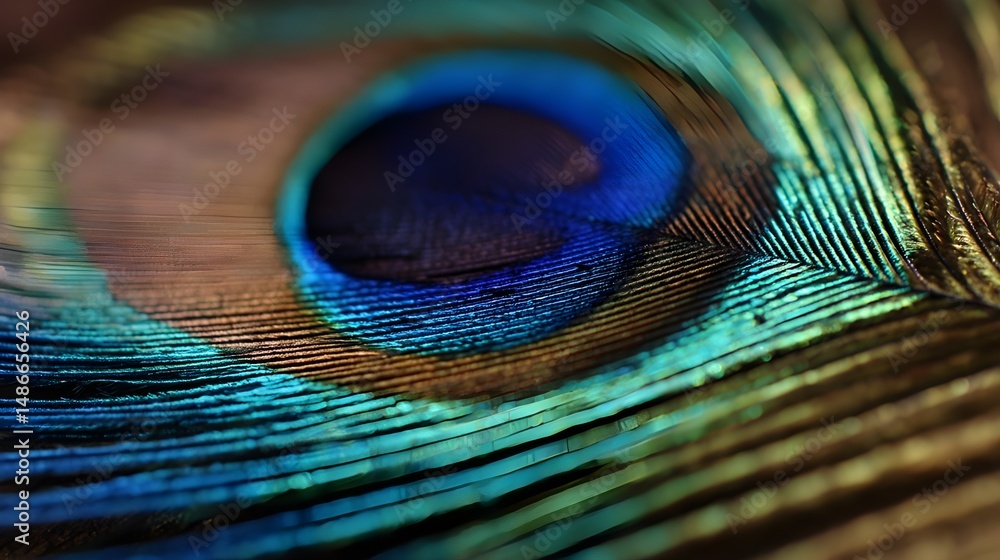 Fototapeta premium Closeup peacock feather macro photograph reveals vibrant iridescent patterns celebrating nature’s artistry and intricate beauty