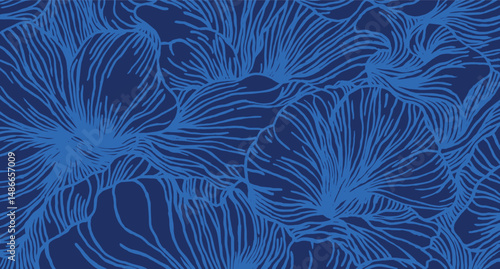 Hand drawn brush lines abstract floral pattern, Japanese and ethnic wood carving, block print, texture background in monochromatic blue, simple plant graphic for carpet, textile, decoration