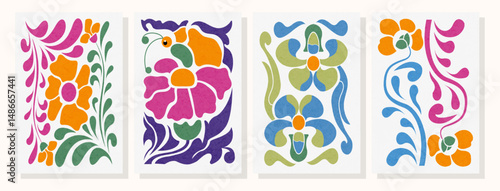 Floral pattern, abstract flowers, vintage folk style, retro botanical motifs, colorful symmetrical art. Ideal for greeting cards, textile prints, or spring-themed event decor.