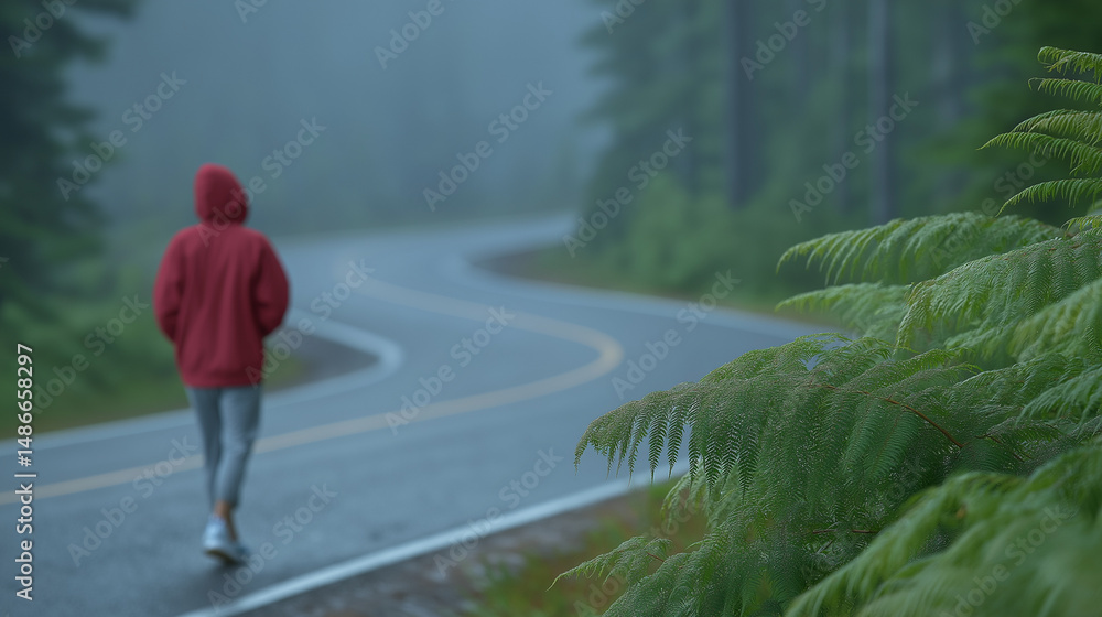 A person zips up their jacket while walking in a foggy forest A person zips up their jacket while walking in a foggy forest