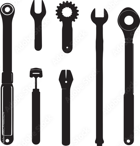 Black Silhouette Bicycle Tools: Wrenches, Ratchets, and Gear Pullers
