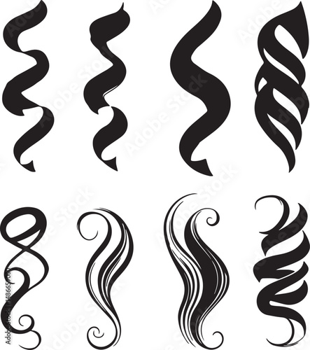 Black Swirls and Curls: Vector Art of Decorative Hair and Ribbons