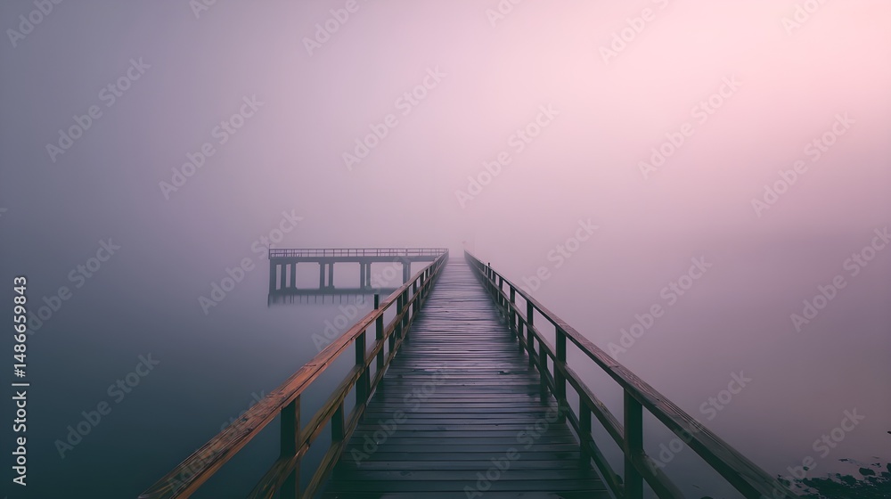 Obraz premium Jetty surrounded by foggy morning light creates mysterious atmosphere perfect for atmospheric landscape photography