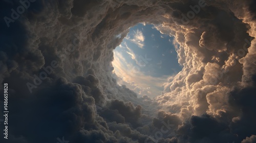 Surreal calm inside hurricane eye with blue skies and tranquil ocean as storm intensity decreases