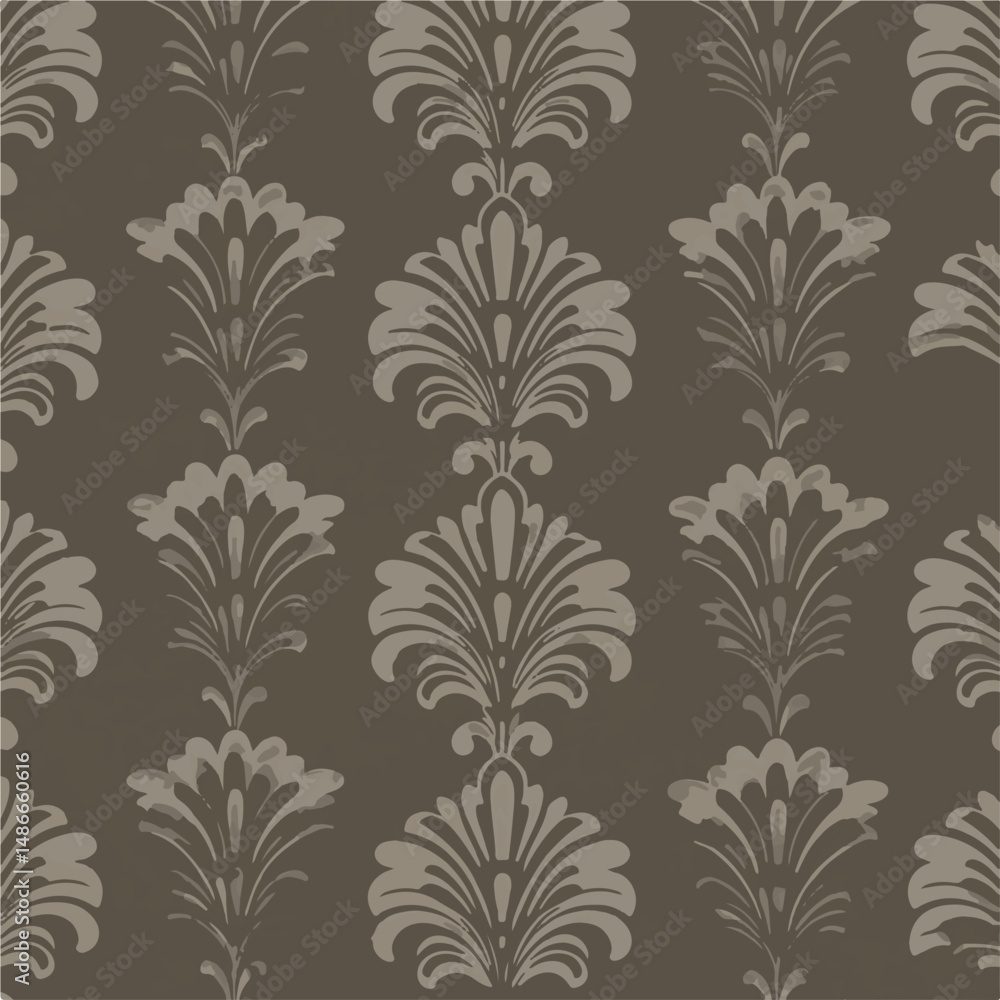 A repeating pattern of stylized floral or fleur-de-lis like shapes in muted shades of gray and brown on a textured background. Seamless, vintage aesthetic. A repeating pattern of stylized floral or fleur-de-lis like shapes in muted shades of gray and brown on a textured background. Seamless, vintage aesthetic.