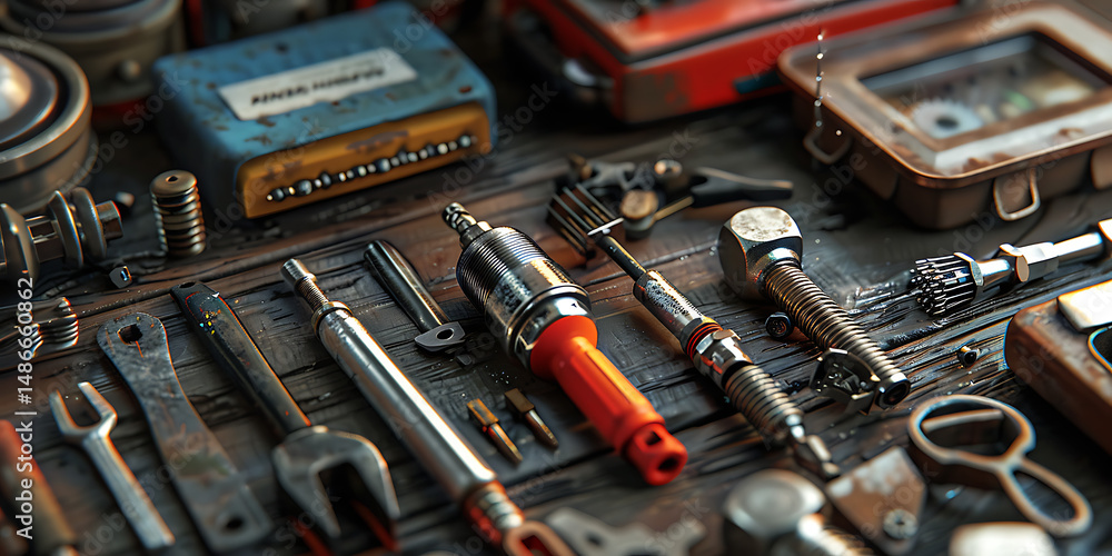 Fototapeta premium A Variety of Tools Including Wrenches and Sockets Scattered on a Workbench Showcasing Rust and Wear Against a Rustic Background.