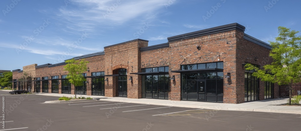 Obraz premium Modern brick retail building with large storefront windows and ample parking lot under a bright sunny sky. : Generative AI