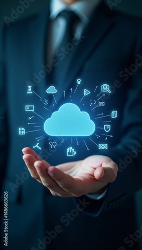 Businessman holding a glowing cloud icon symbolizing cloud computing and data network. The image conveys concepts of digital transformation, connectivity, and technological innovation.