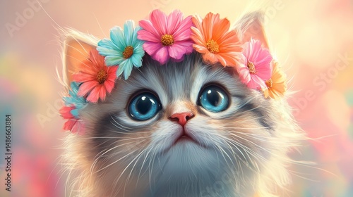 Fluffy kitten with a multi-colored flower crown, soft gradient background generative ai