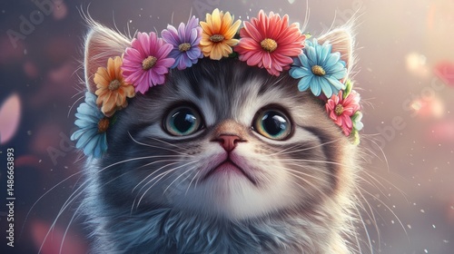 Fluffy kitten with a multi-colored flower crown, soft gradient background generative ai
