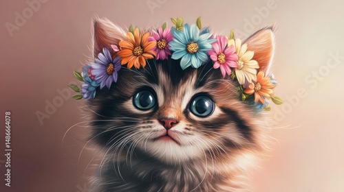 Fluffy kitten with a multi-colored flower crown, soft gradient background generative ai