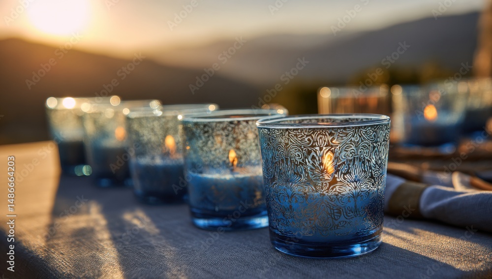 custom made wallpaper toronto digitalScenic sunset view with a row of blue glass candle holders, each containing a lit candle, creating a warm and inviting ambiance. : Generative AI