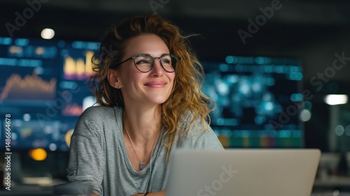 Female cybersecurity expert with glasses, smiling while reviewing data on her laptop, seated in a high-tech workspace with digital charts and analytics boards nearby