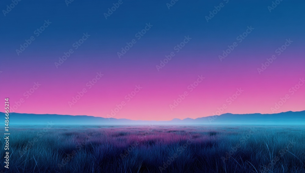 Fototapeta premium Serene twilight landscape: purple and blue hues paint the sky over a vast, misty field and distant mountains, creating a peaceful and ethereal atmosphere. : Generative AI