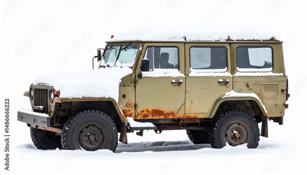 Abandoned Snow-Covered Military Humvee – White Background Photorealism Abandoned Snow-Covered Military Humvee – White Background Photorealism