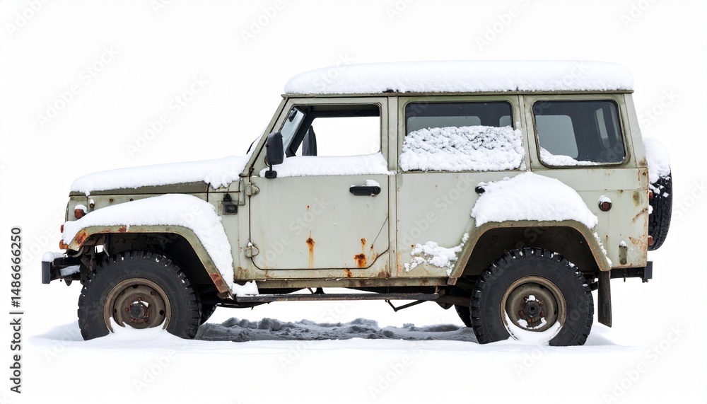 Obraz premium Abandoned Snow-Covered Military Humvee – White Background Photorealism