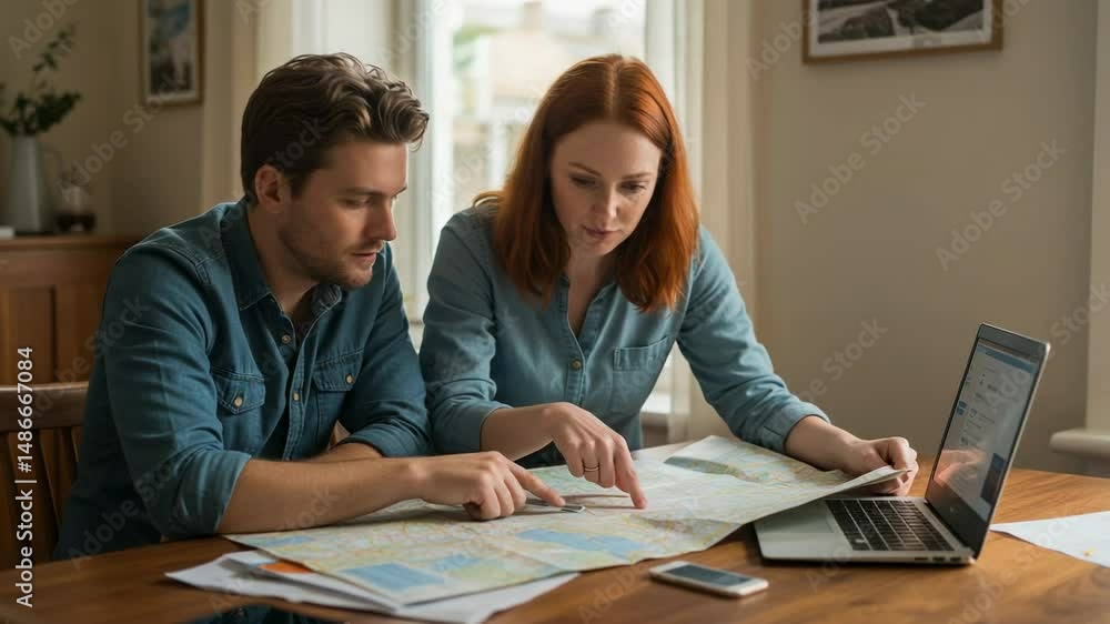 A Young Caucasian Couple Collaborating Over a Map and Laptop at Home, Planning Their Next Travel Adventure Together