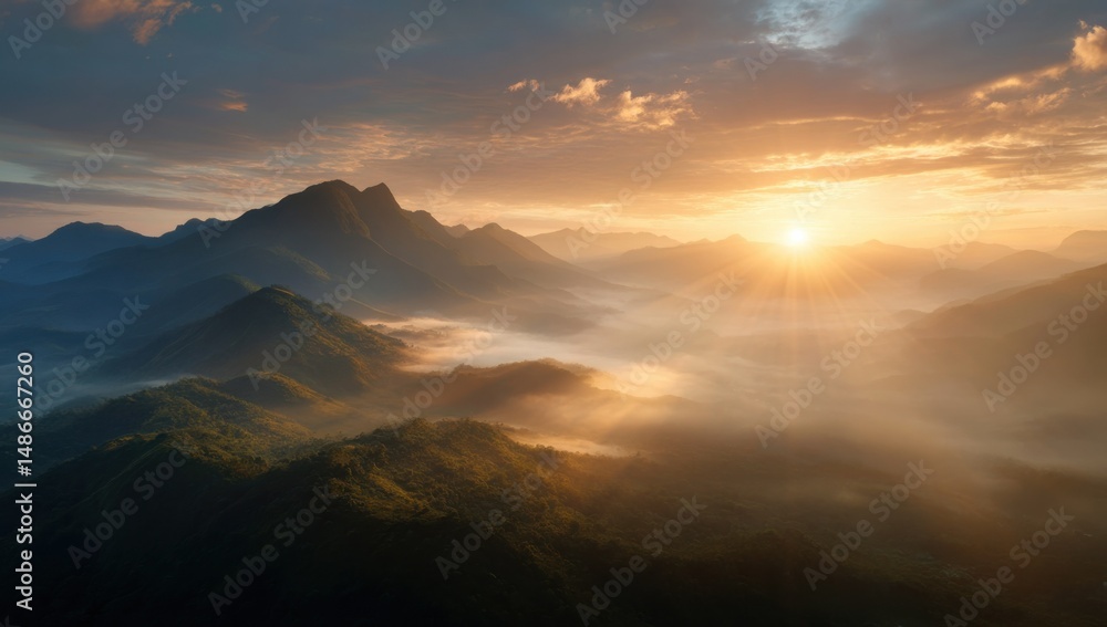 Fototapeta premium The sun rises behind the mountain peak : Generative AI