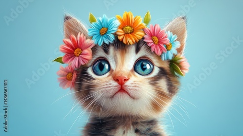 Friendly kitty with a vibrant flower crown, light blue background generative ai