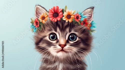Friendly kitty with a vibrant flower crown, light blue background generative ai
