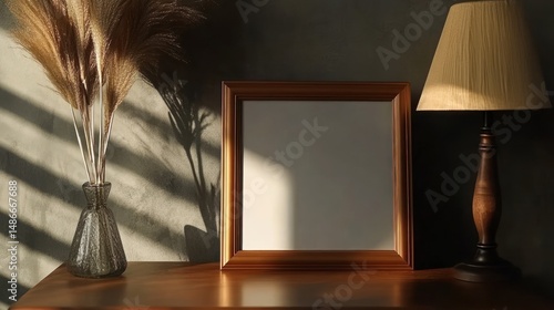 Golden frame mockup with dried flowers and lamp