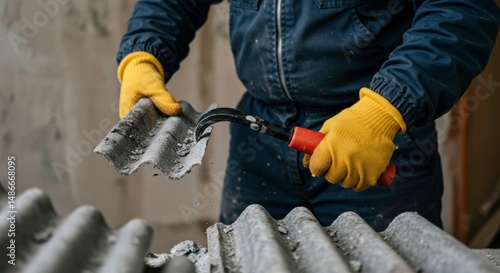 Roofing repair worker removes asbestos careful demolition safety first