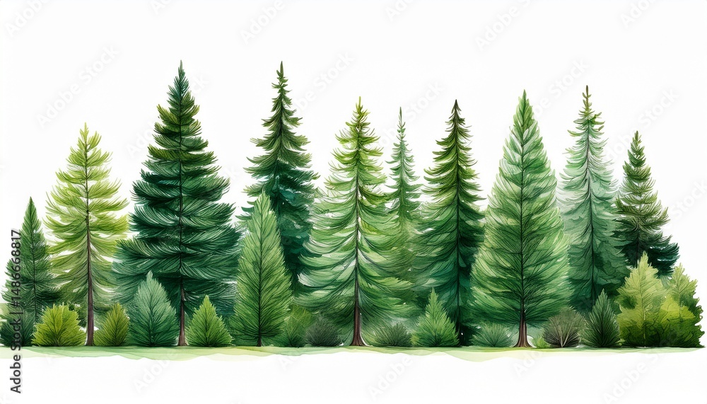 Obraz premium green evergreen fir pine spruce trees treeline isolated on white background generative ai
