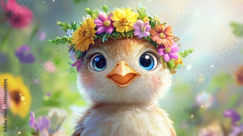 Happy chick face adorned with vibrant floral headdress, joyful expression generative ai