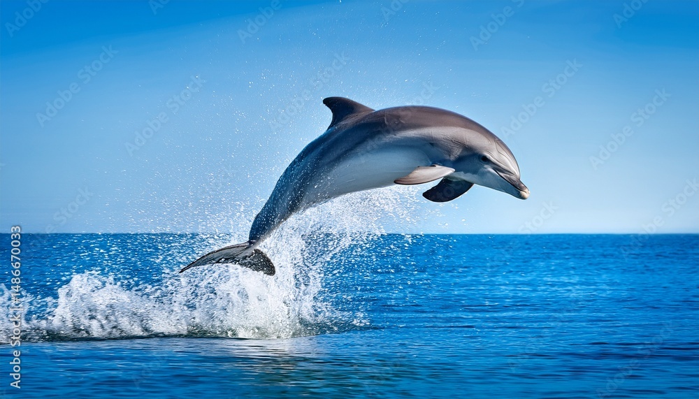 Fototapeta premium dolphin jumping out of water with splash and blue background