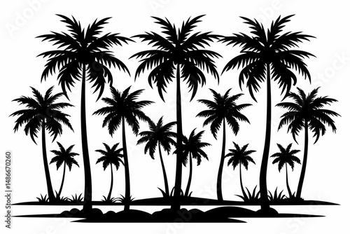 Silhouette of a tropical landscape featuring multiple palm trees against a white background on a sunny day