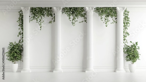Fototapeta Naklejka Na Ścianę i Meble -  White room with classical columns, plants, and vines.