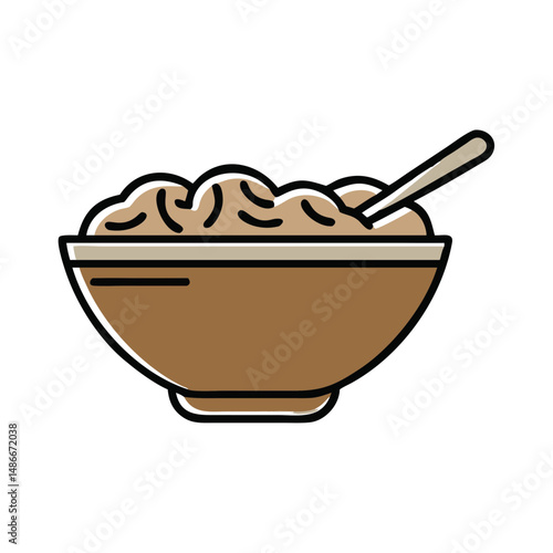 Bowl of brown dessert with spoon on white background  