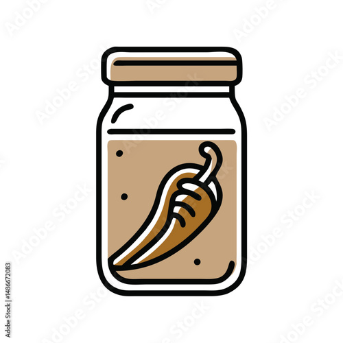 Jar of chili pepper with spice infused liquid in a transparent container  
