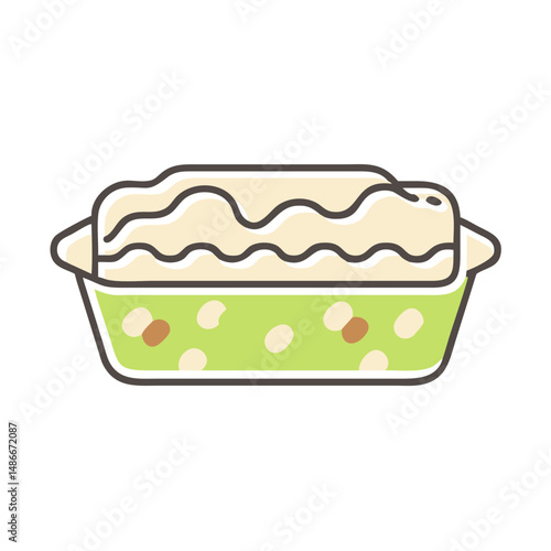 Baked casserole dish with colorful dots and creamy topping  