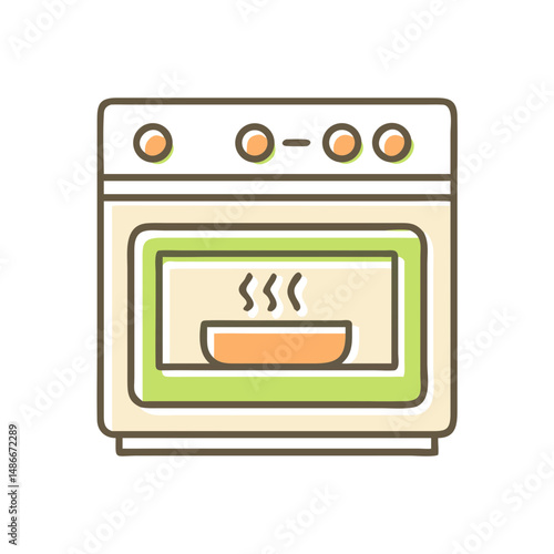 Kitchen oven with bowl steaming inside in simple line art style  