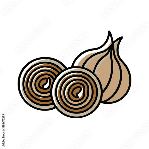 Sliced onions and whole onion in simple illustrative style  