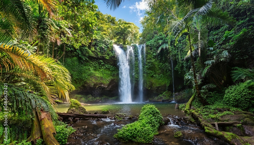 Naklejka premium lush tropical paradise with waterfall and vibrant foliage