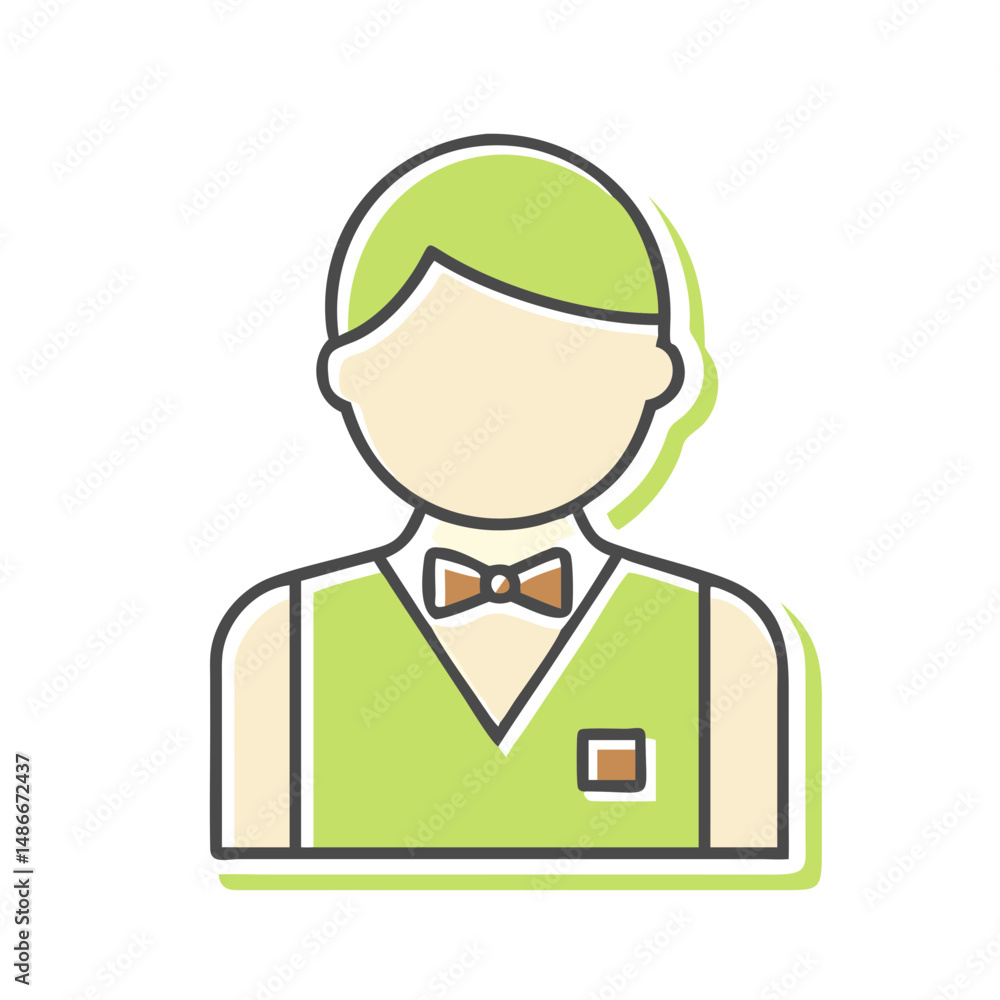Cartoon waiter icon in green uniform with bow tie and nametag Cartoon waiter icon in green uniform with bow tie and nametag