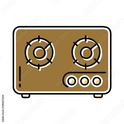 Gas stovetop in simple flat design with two burners and controls  